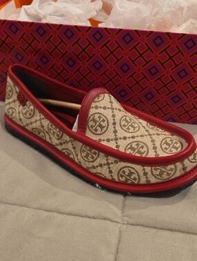 Tory Burch Hazel Tory Red 301 Monogram Moc Stitched Loafer